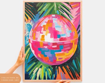 Colorful Disco Ball Oil Painting Art Print, Tropical Palm Leaves (Digital Download)