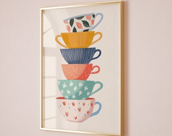 Coffee Cup Stack Print, Italian Cafe Decor (Digital Download)