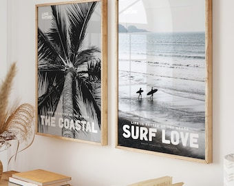 Black and White Beach Print Set, Beach Poster, Coastal Poster, Palm Tree Poster, Coastal Wall Art, Black White Surf Poster, Surf Wall Art