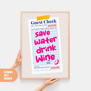 Save Water Drink Wine Guest Check Poster, College Dorm Print, Retro Guest Check Print, Preppy Posters, Bar Decor, Dorm Preppy Wall Art Print
