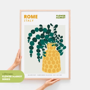 Impresión del mercado de flores, arte mural botánico, póster floral, impresiones digitales de Roma, arte mural imprimible, arte mural italiano, impresión de jarrón con flores, arte mural de regalo