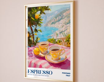 Espresso Poster, Bar Cart Decor, Italian Espresso Print, Retro Coffee Print, Coffee Shop Poster, Coffee House Posters Positano Coffee Poster