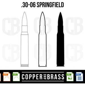 May include: Three .30-06 Springfield bullet illustrations. One is a line drawing, one is an outline, and the third is a solid black silhouette. Text includes "Actual Size Measurements", ".30-06 Springfield", "Instant Download", and "Copper and Brass".