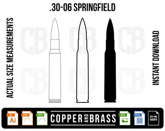 May include: Three .30-06 Springfield bullet illustrations. One is a line drawing, one is an outline, and the third is a solid black silhouette. Text includes "Actual Size Measurements", ".30-06 Springfield", "Instant Download", and "Copper and Brass".