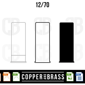Könnte beinhalten: Drei Illustrationen von Schrotpatronen: eine Strichzeichnung, ein Vollschwarz und eine weiße Umrandung. Der Text enthält "12/70", "Tatsächliche Größenmessungen" und "Sofortiger Download". Das Copper and Brass-Logo befindet sich unten.