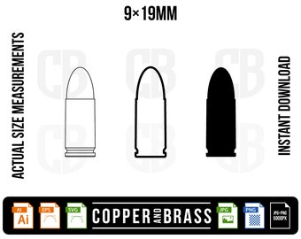 May include: A black and white illustration of a 9mm bullet, with the text "9 x 19MM" above the bullet and "COPPER AND BRASS" below the bullet. The bullet is outlined in black and filled in black on the right side of the image. The bullet is outlined in black and left unfilled on the left side of the image.
