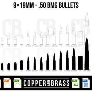 9mm ～ .50BMG 弾丸カートリッジ / グラフィック .ai .svg .eps .png .jpg ファイル |ベクター ファイル |クリップアート | CNC ファイル |プロッタテンプレート