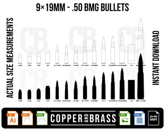 9 mm to .50BMG Bullet Cartridge / Graphics .ai .svg .eps .png .jpg Files | | vector files | Clip Art | CNC files Plotter Template
