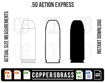 May include: A black and white illustration of a .50 Action Express bullet. The bullet is shown in outline and solid black. The text "ACTUAL SIZE MEASUREMENTS" is on the left side of the image and the text "INSTANT DOWNLOAD" is on the right side of the image. The text "COPPER AND BRASS" is at the bottom of the image.