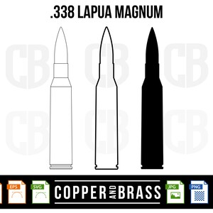 Może przedstawiać: Cyfrowa ilustracja pocisku .338 Lapua Magnum w czerni i bieli. Pocisk jest przedstawiony w zarysie i w kolorze czarnym. Tekst "COPPER AND BRASS" znajduje się pod pociskiem.