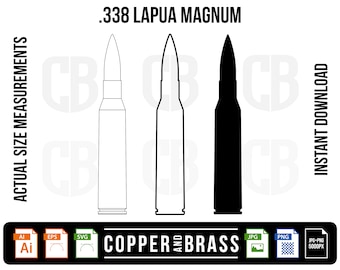 May include: A digital illustration of a .338 Lapua Magnum bullet in black and white. The bullet is shown in outline and solid black. The text "COPPER AND BRASS" is below the bullet.
