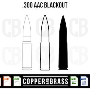 May include: A digital illustration of a .300 AAC Blackout bullet in three styles: outline, filled, and black silhouette. The text "COPPER AND BRASS" is below the bullets. The text "ACTUAL SIZE MEASUREMENTS" is on the left side of the image. The text "INSTANT DOWNLOAD" is on the right side of the image. The text ".300 AAC BLACKOUT" is at the top of the image.