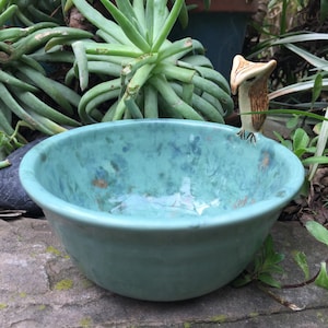 May include: A teal ceramic bowl with a speckled glaze. A small ceramic owl figurine is perched on the rim of the bowl.