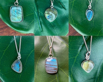 RARE Spectrolite Labradorite Sterling Silver Necklace / Spectrolite Labradorite Pendant / Sterling Silver Curb Chain / 18" Crystal Necklace