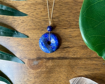 Lapis Lazuli Gemstone Donut Necklace / Gold Filled Cable Chain / 17.5"-20" Lapis Lazuli Necklace