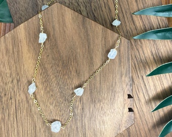 Natural Cut Crystal Bead Station Necklace | Citrine, Rose Quartz, Peridot, Blue Apatite, Moonstone | Rough Cut / Raw Cut Chip Bead Choker