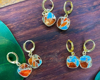 22K Gold Filled Huggies Hoop Earrings - Mojave Copper Turquoise (Multicolor)