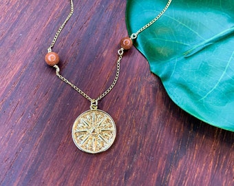 Made-to-Order Sun Medallion Crystal Bead Station Necklace / Gold Filled Chain Necklace / Labradorite, Apatite, Selenite, Green Moss Agate+++