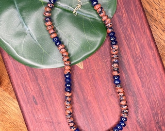 Blue Goldstone Mixed Semi-Precious Gemstone Beaded Necklace | Snowflake Blue Goldstone, Blue Jade