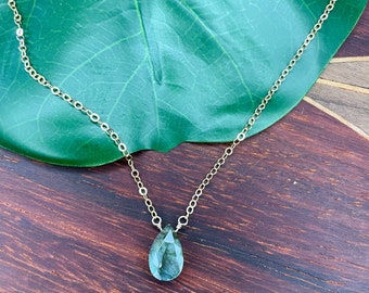 Gold & Labradorite Necklace / Dainty Labradorite Teardrop Pendant / 14k Gold Filled Flat Cable Chain / Crystal Choker / Gift for Her