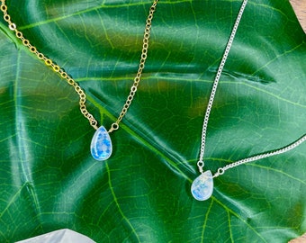 Blue Moonstone Necklace / Dainty Moonstone Teardrop Pendant / 14k Gold Filled Flat Cable Chain or Sterling Silver Curb Chain
