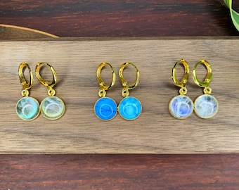 22K Gold Filled Huggies Hoop Earrings - Round Gemstone - Rainbow Fire Labradorite, Moonstone, Turquoise