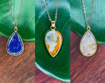 Gemstone Pendant Necklace / Lapis Lazuli, Jasper, Rutilated Quartz / 14k Gold Filled Flat Cable Chain Necklace / Gift for Her