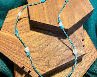 Blue Apatite & Moonstone necklace / 19.5” / faceted micro beads + raw cut gemstone beads / gold filled beads