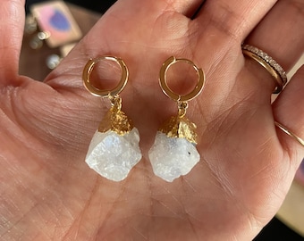 Moonstone Gold Filled Huggies Hoop Earrings - Raw Gemstone, Raw Cut Moonstone