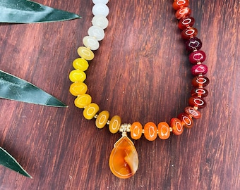 Carnelian Sunset Mixed Gemstone Beaded Necklace | Sunstone, Citrine, Carnelian, Orange Jade, Yellow Jade, Red Jasper, Yellow Mookaite