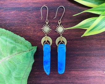 The Goddess Collection: Mayari x Hanan - Dainty Sun & Moon Crystal Drop Earrings; Sky Blue Line Agate Earrings, Light Blue Crystal Earrings