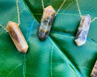 Black Moonstone Crystal Point Necklace / Double Point Wand Crystal Pendant Necklace / 17” with 2.5” extender chain