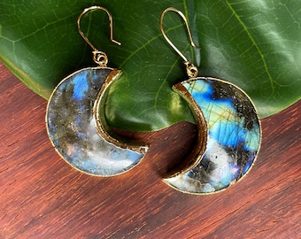 Gold Filled Labradorite Crescent Moon Earrings
