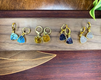 22K Gold Filled Huggies Hoop Earrings - Raw Gemstone, Trillion and Cushion Shape - Rainbow Fire Labradorite, Citrine, Amethyst, Rose Quartz