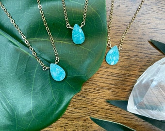 Amazonite Necklace / Dainty Amazonite Teardrop Pendant / 14k Gold Filled Flat Cable Chain or Sterling Silver Curb Chain