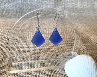Sea Glass Hook Stainless Steel Earrings Cobalt Blue