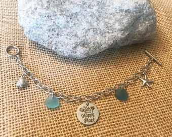 Beach is my Happy Place Stainless Steel Chain Charm Bracelet with Sea Glass