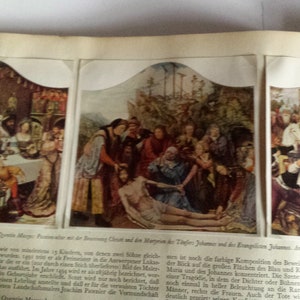Peut inclure: Une page de livre vintage avec trois illustrations représentant des scènes de la Bible. La première illustration montre un groupe de personnes rassemblées autour d'une table, la deuxième montre un groupe de personnes dans un cadre forestier et la troisième montre un groupe de personnes dans un cadre plus moderne. Le texte sur la page est en allemand.