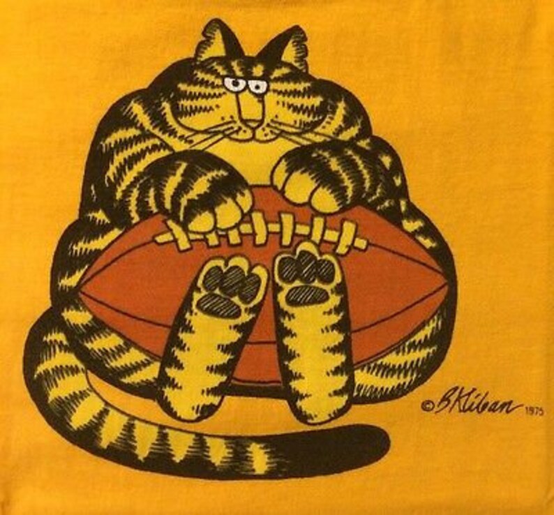 EX Large Vintage Golden Yellow Tie Dye Kliban Cat T-Shirt Vintage KLIBAN Cat Crazy Shirt Football Cat