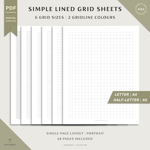 Einfache linierte Gitterbögen, Millimeterpapier, 1,5 mm/3mm/4,5mm/6mm/7,5mm/9mm, 2 Gitterlinien-Farben, Letter/A4/Halb-Letter/A5 Hochformat, PDF druckbar