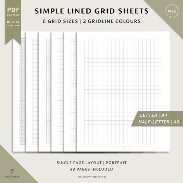 Simple Lined Grid Sheets, Graph Paper, 1.5mm/3mm/4.5mm/6mm/7.5mm/9mm, 2 Gridline Colours, Letter/A4/Half-Letter/A5 Portrait, PDF Printable