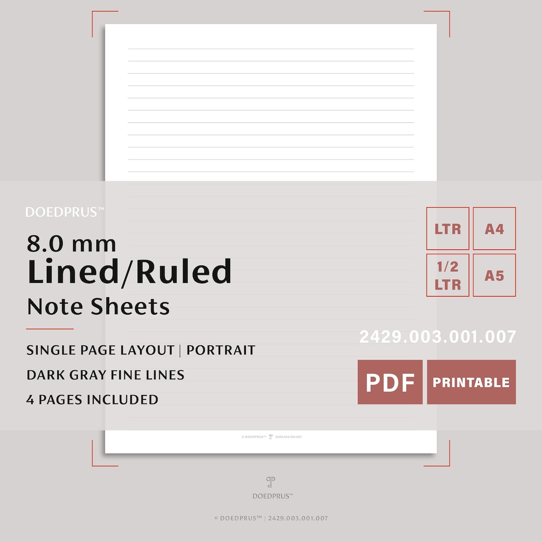 8.0 Mm Lined/ruled Note Sheets, Lined Paper, Dark Gray Fine Lines ...