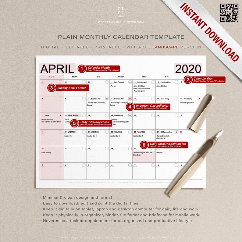 Editable/Printable Plain Monthly Calendar Template with Sunday | Etsy