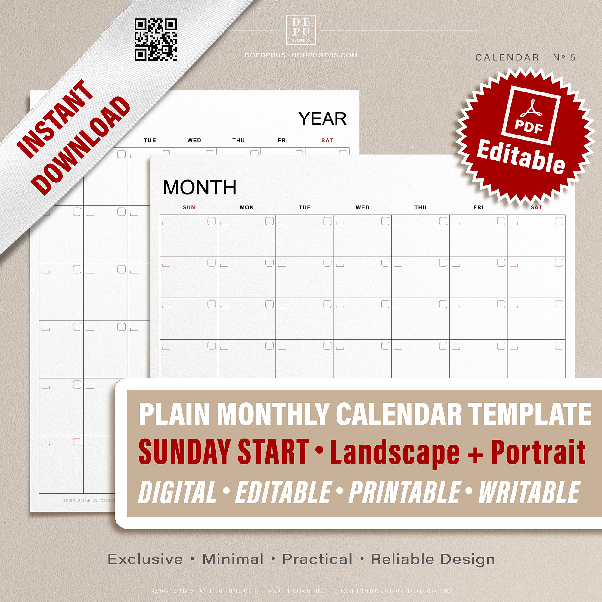Editable/Printable Plain Monthly Calendar Template with Sunday Etsy