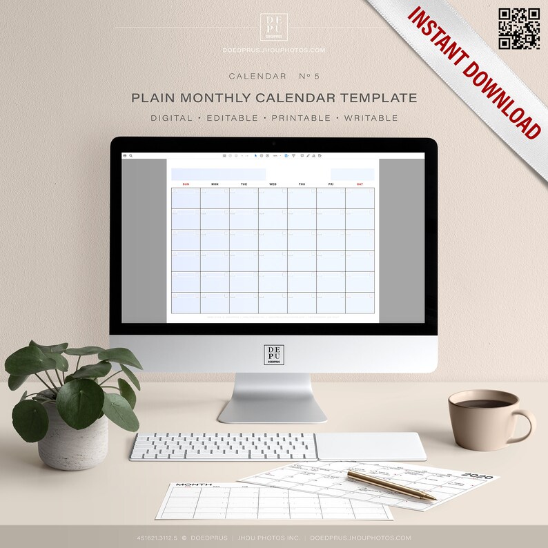 Editable printable plain monthly calendar template with sunday etsy