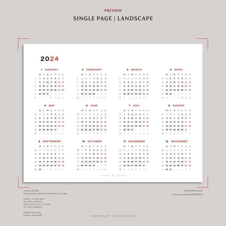 2024 Year at A Glance Yearly Calendar Sheets Sunday/monday Start Letter