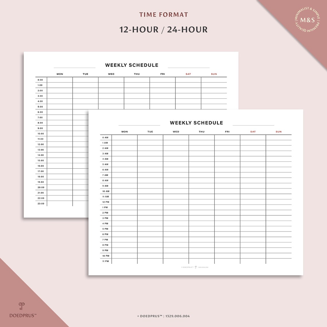 24 Hour Weekly Schedule Sheets, Hourly Layout, 12-hour/24-hour Time ...