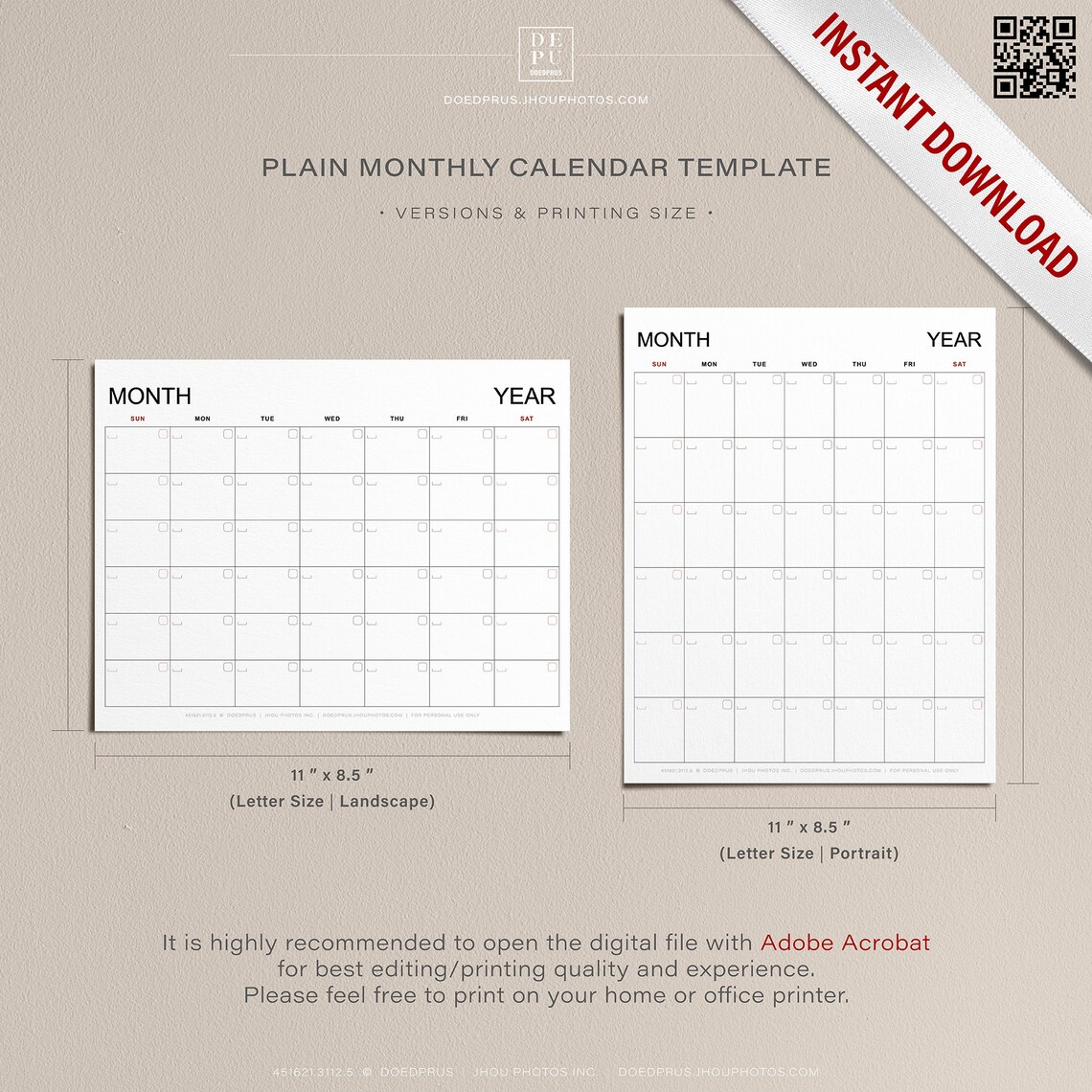 Editable/Printable Plain Monthly Calendar Template with Sunday | Etsy