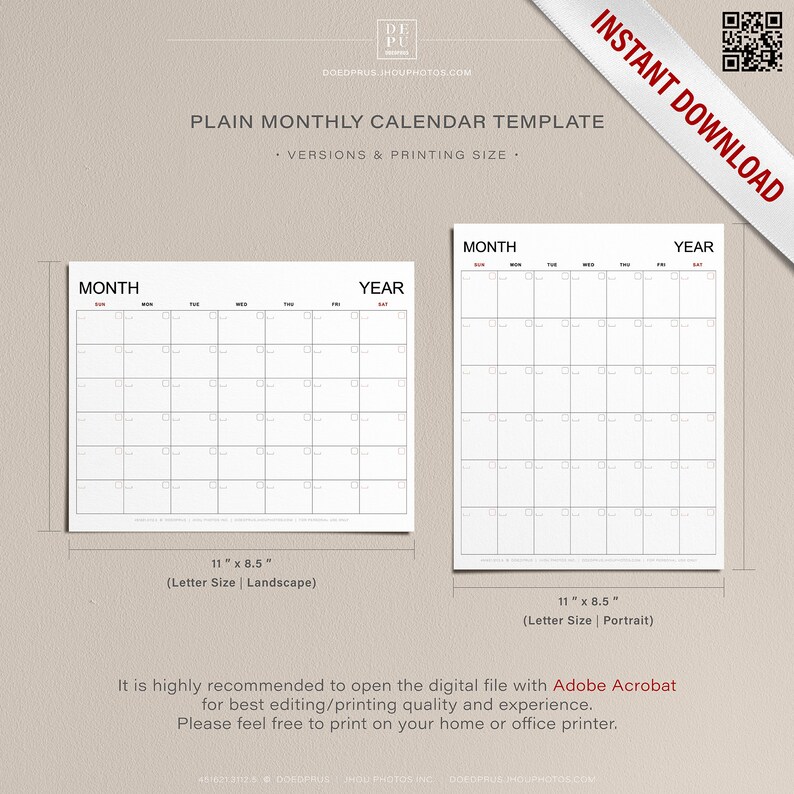 Editable/Printable Plain Monthly Calendar Template with Sunday | Etsy