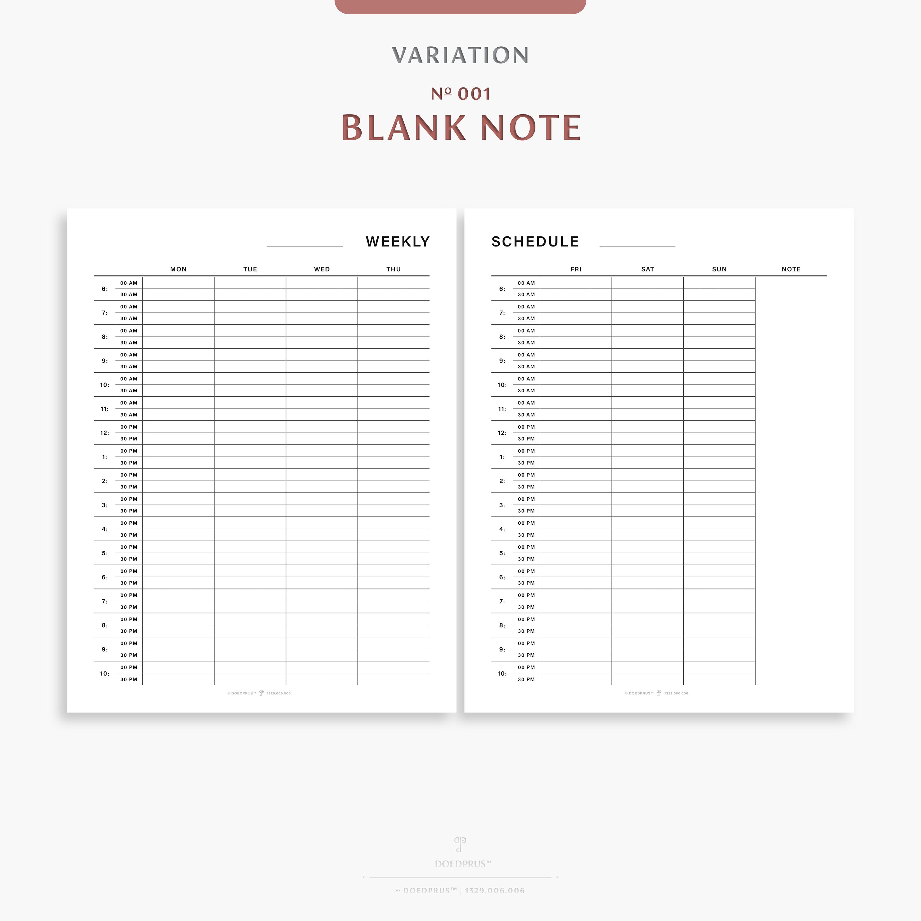 Weekly Schedule Sheets With Note/list, 2 Page Spread, Half Hourly, 12 ...